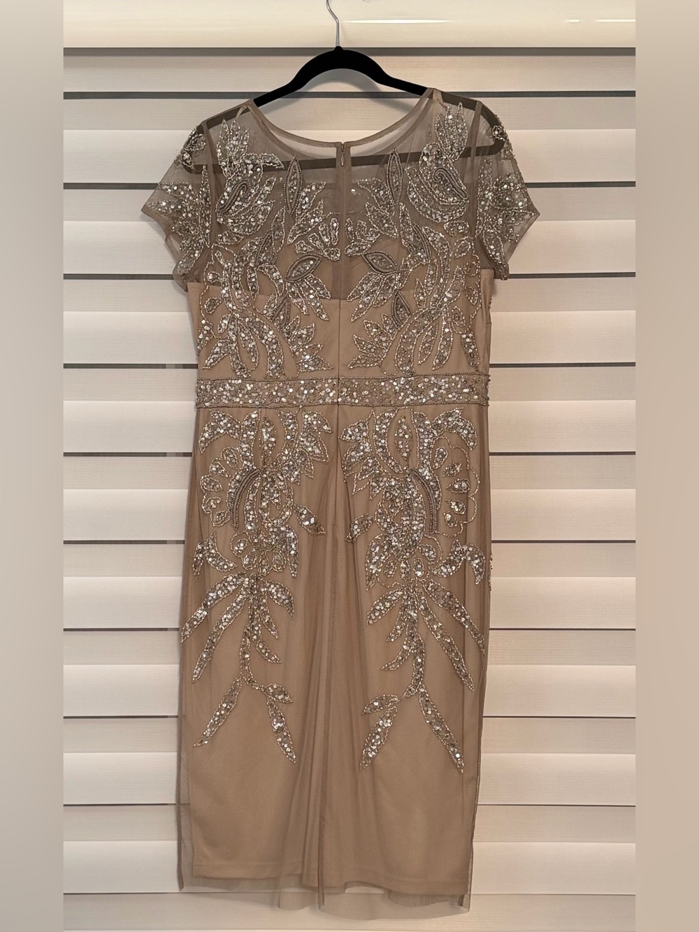 Adrianna Papell Beaded Sequin Mesh Midi Dress Taupe Size 14 NWT